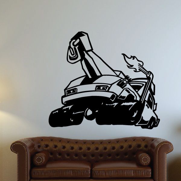Tow truck wall decal, black vinyl graphic with small flame details
