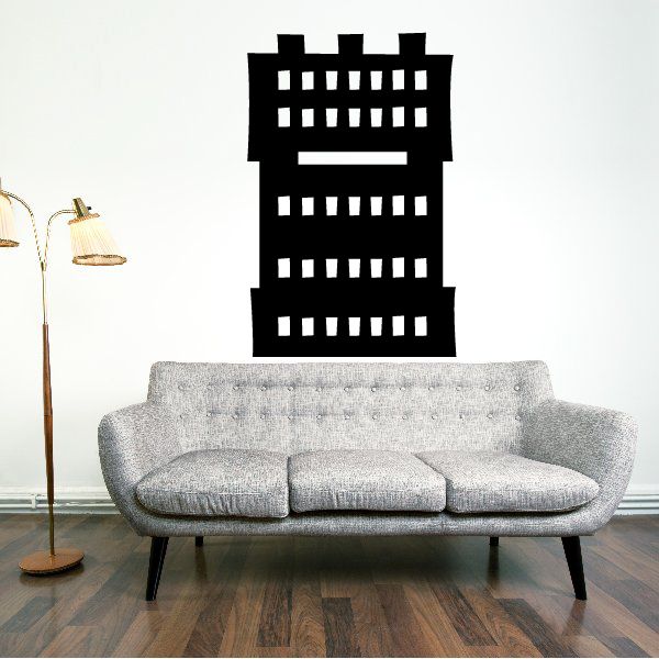 Black tower building wall decal with rectangular window grid