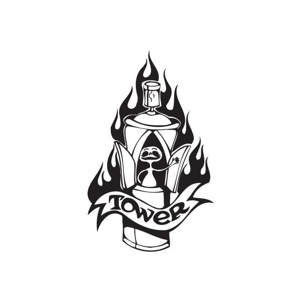 Tower spray paint can decal with flame torch logo, black