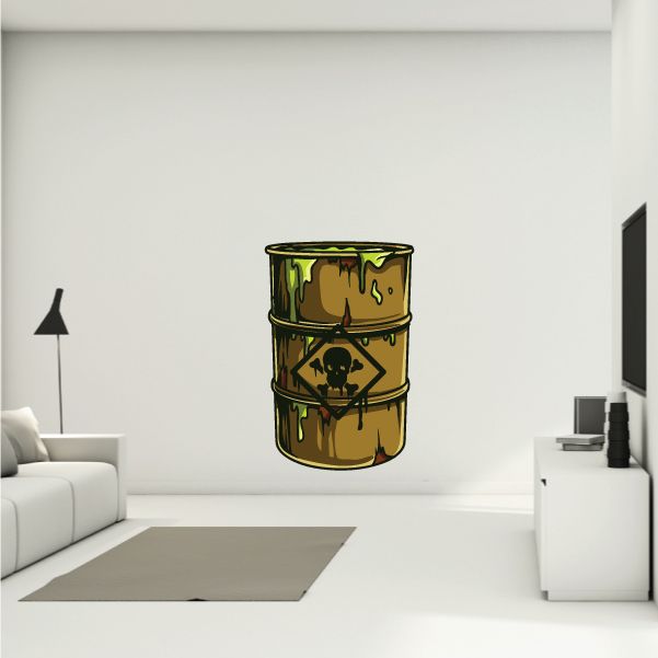 Hazard barrel graphic sticker with green and yellow toxic waste look
