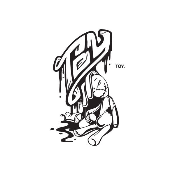 Graffiti-style toy decal with black-and-white cartoon mascot holding a ball