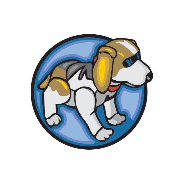Dog cartoon vinyl decal sticker with blue circular background, die-cut shape