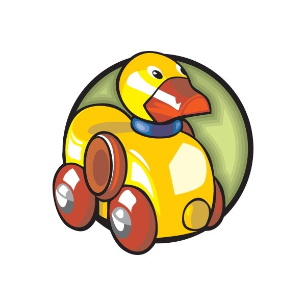 Die-cut cartoon sticker of a yellow robot figure with red wheels and green cap