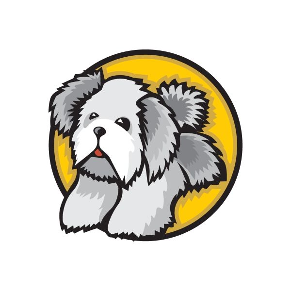 Dog face vinyl wall decal, die-cut sticker with grey and white puppy in yellow circle