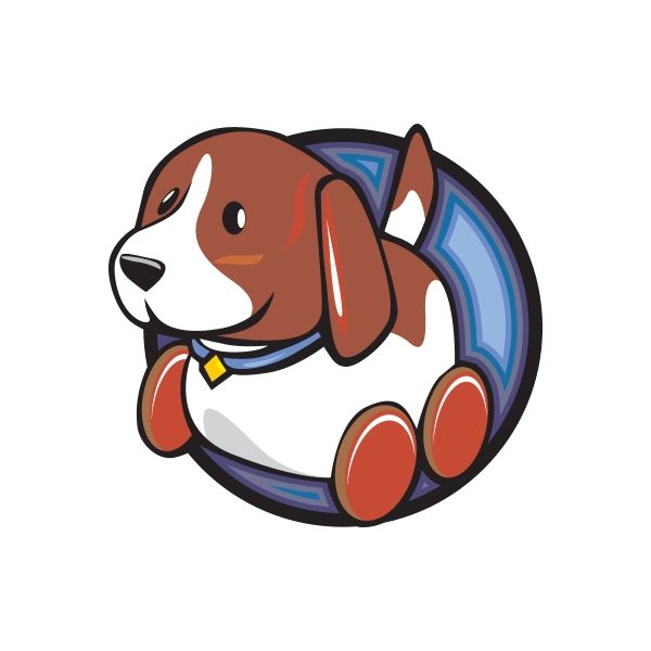 Vinyl die-cut sticker with cartoon brown-and-white dog inside a blue circle
