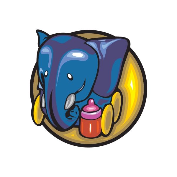 Die-cut vinyl sticker of blue cartoon character in circle with pink cup