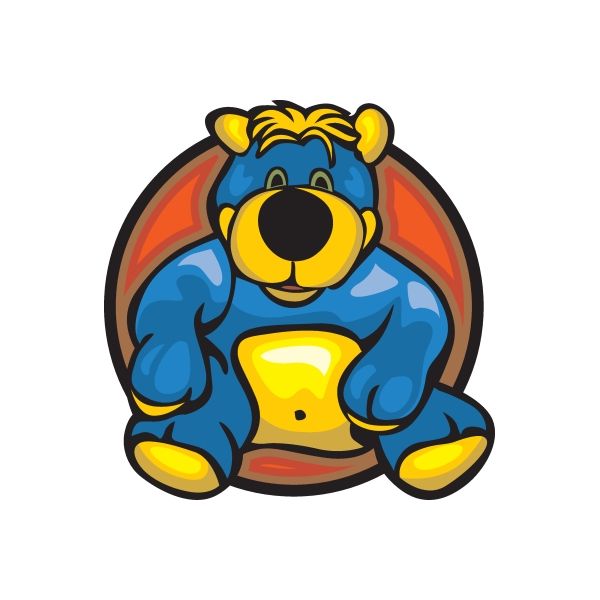 Die-cut vinyl bear sticker with blue cartoon bear holding a yellow center in a red oval