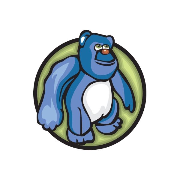Blue cartoon character die-cut vinyl sticker with green circular backing