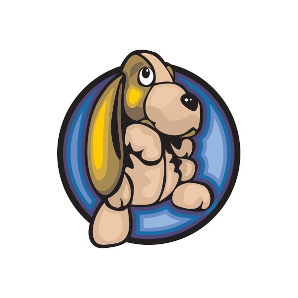 Cartoon dog vinyl decal sticker with blue circular background and yellow details