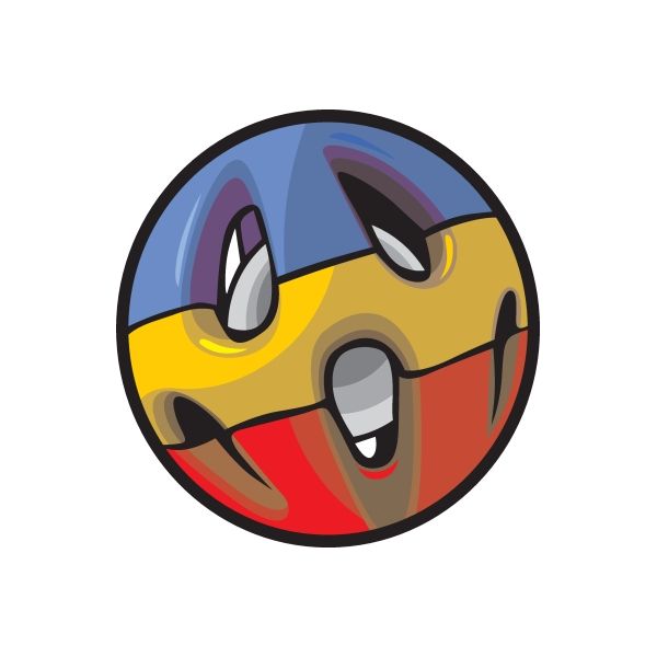 Round die-cut toy sticker with blue, yellow, red cartoon face