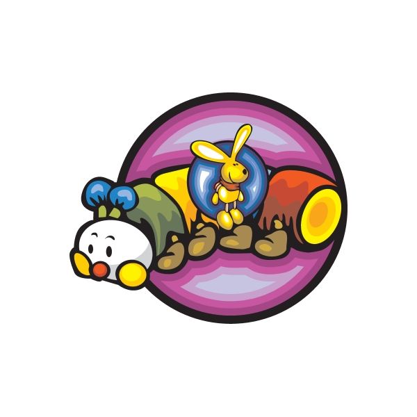 Die-cut vinyl sticker with cartoon bunny in purple circle and small car