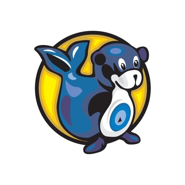 Die-cut vinyl sticker of a blue cartoon bear on a yellow moon