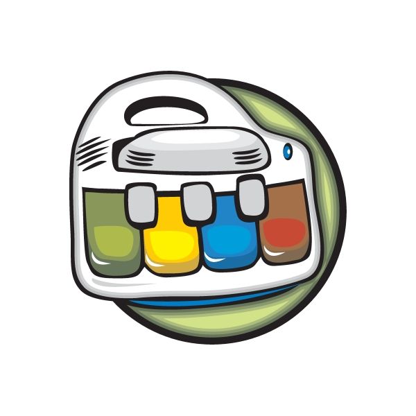 Colorful toy spaceship vinyl die-cut sticker with helmet and stacked blocks