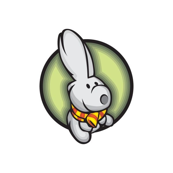 Die-cut vinyl sticker of a gray rabbit holding a colorful scarf on a green badge