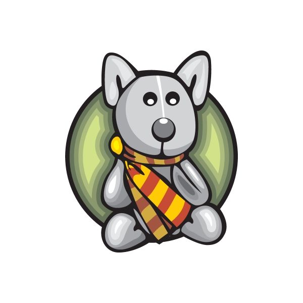 Gray cartoon dog vinyl sticker with yellow-orange bandana, die-cut