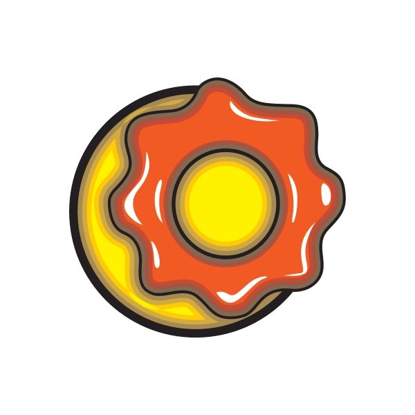 Die-cut vinyl sticker with orange flame burst and yellow center.