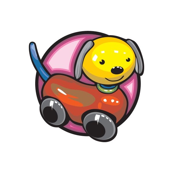 Die-cut vinyl toy sticker of cartoon yellow dog with black goggles in pink shell