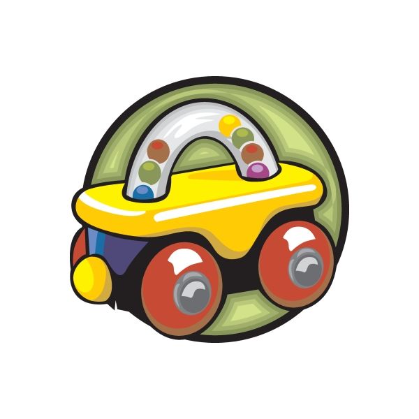 Toy wall decal of cartoon UFO-style car in yellow and green with red wheels
