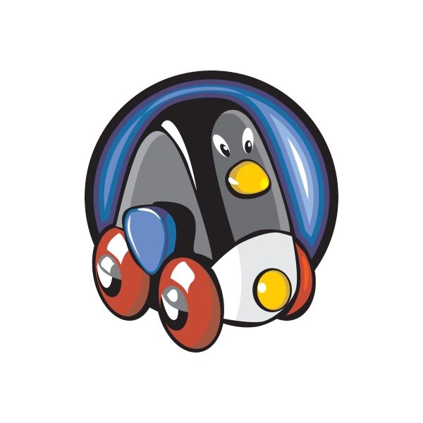 Round die-cut vinyl toy sticker: cartoon penguin wearing headphones