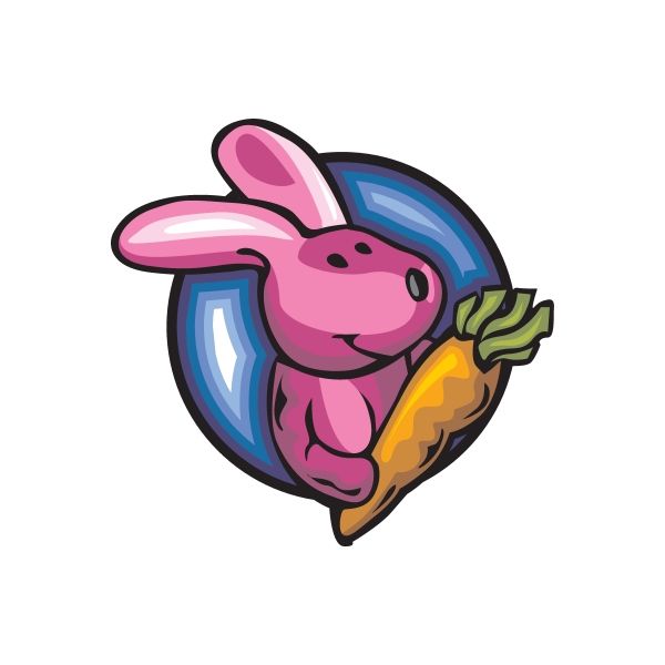 Die-cut vinyl rabbit sticker: pink bunny in blue circular badge with yellow detail