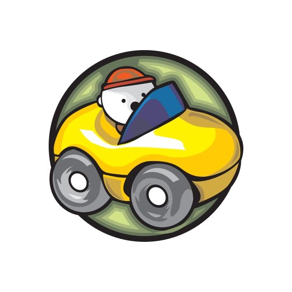 Round vinyl die-cut sticker with cartoon race car and driver