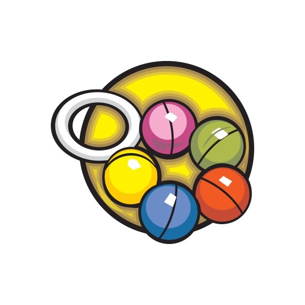 Colorful die cut sticker with six round bubble shapes, outlined in black