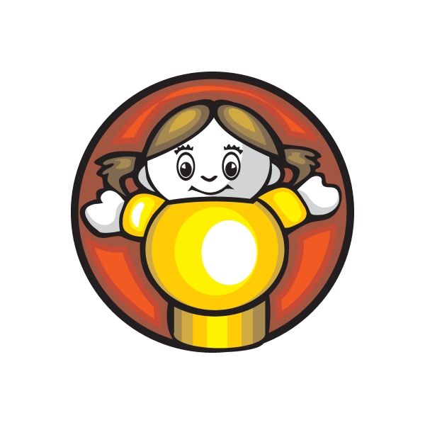 Cartoon toy character vinyl wall decal sticker, round die-cut, yellow and orange.