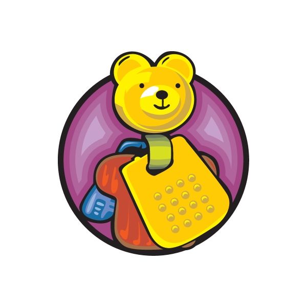 Die-cut vinyl sticker: yellow teddy bear in purple circle with colorful details