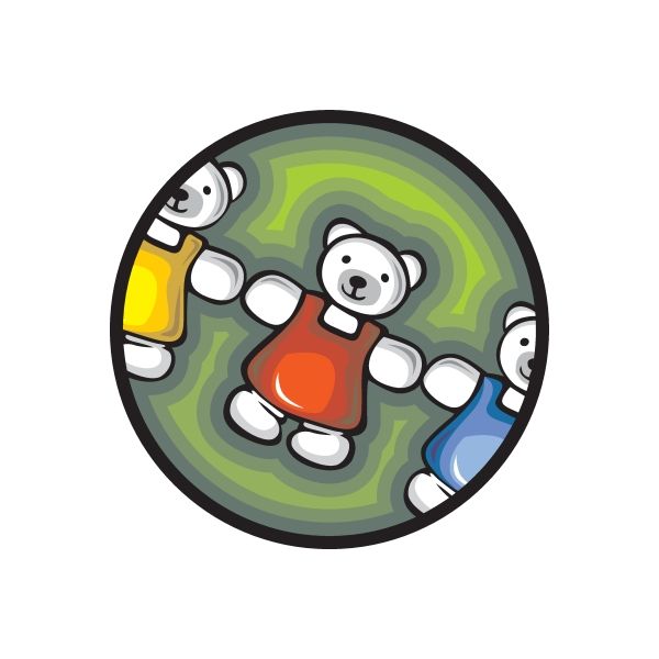 Round die-cut vinyl sticker with cartoon panda bears and colorful toys