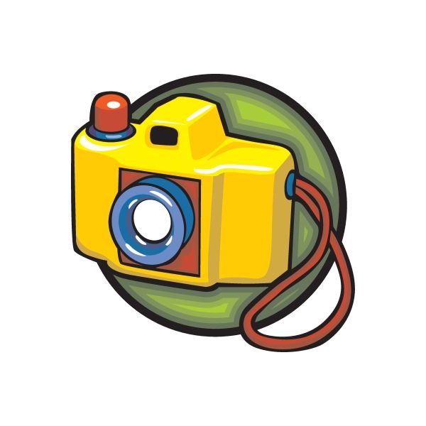 Yellow toy camera vinyl wall decal sticker with blue lens and orange detail