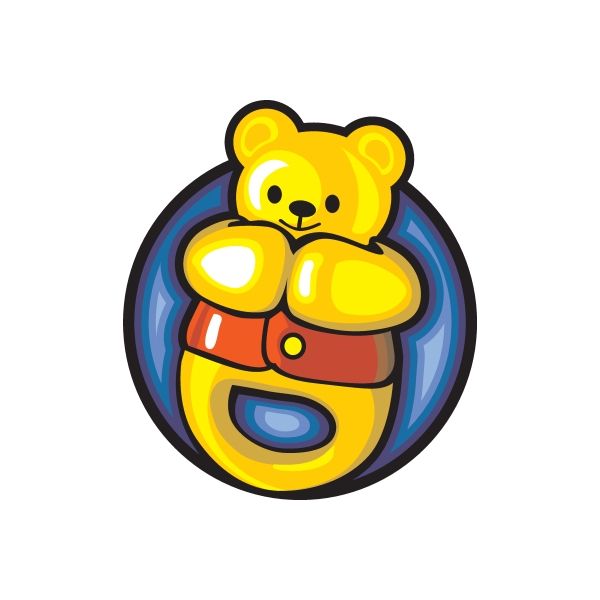 Round yellow bear wall decal sticker with blue circle and red accent details