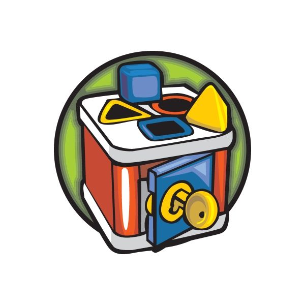 Die-cut vinyl sticker of a colorful toy robot cube with blue, green, yellow, and red