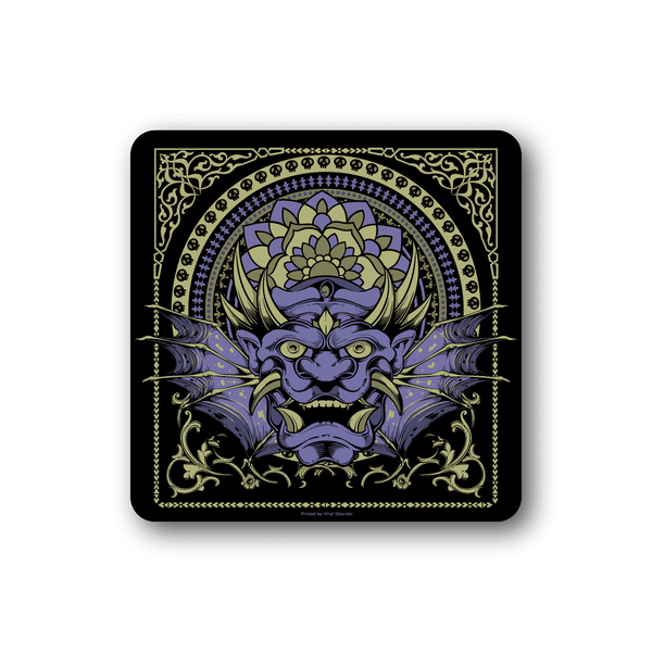 Square vinyl sticker with ornate purple and gold face mask design, decorative border.