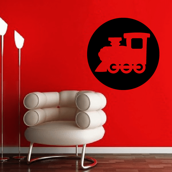 Circular decal: black disc with red train engine silhouette and GO lettering