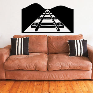 Train track horizon wall decal with black rails and white striped center