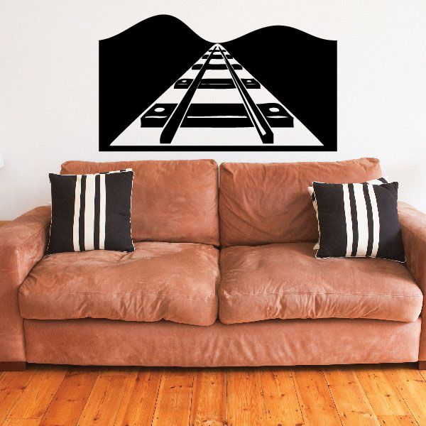 Train track horizon wall decal with black rails and white striped center