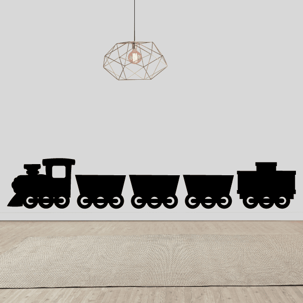 Black train wall decal with coal cars and track wheels