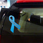 Blue awareness ribbon vinyl sticker with white text on a car window