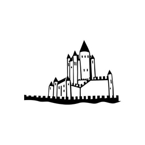 Car window vinyl decal sticker with a black castle silhouette and battlements