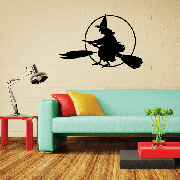 Image of Traveling Halloween Witch on broomstick against Moon Decal