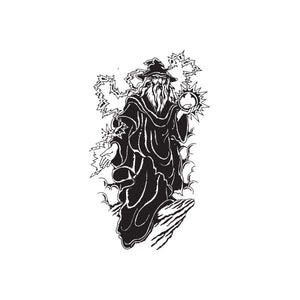 Wizard decal of black-and-white traveling wizard holding a wand, with leafy frame