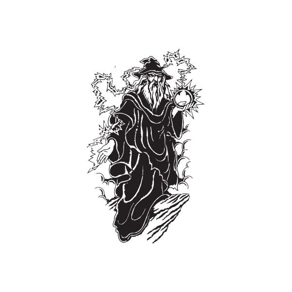 Wizard decal of black-and-white traveling wizard holding a wand, with leafy frame