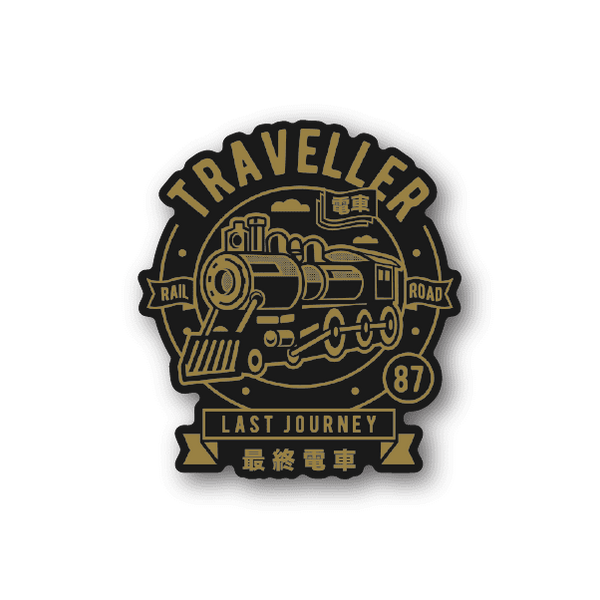 Rail road vinyl sticker with gold locomotive graphic and 'Last Journey' text.