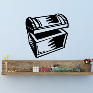 Treasure chest decal, black with white highlights, outlined treasure box sticker