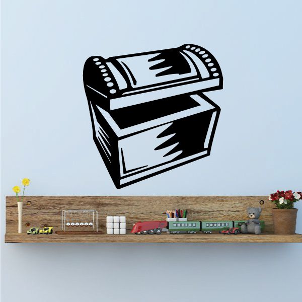 Treasure chest decal, black with white highlights, outlined treasure box sticker