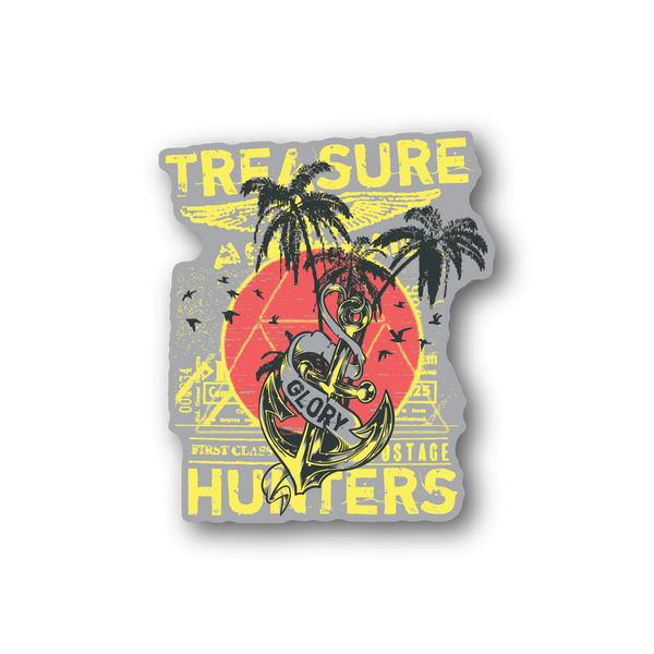 Vinyl sticker with colorful anchor and palm trees, Treasure Hunters text