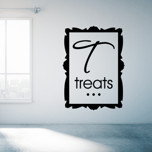 Square decal with black border; white panel reads "treats" with a looping T.