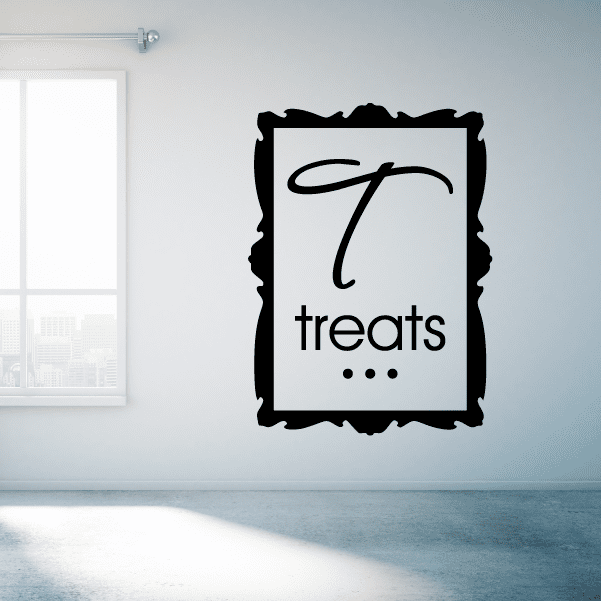 Square decal with black border; white panel reads "treats" with a looping T.