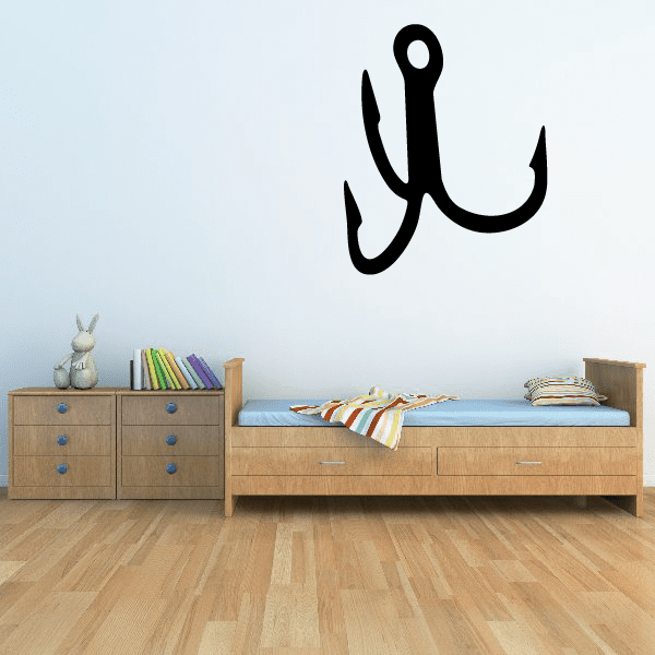 Treble hook decal, black three-prong fishing hook silhouette wall sticker