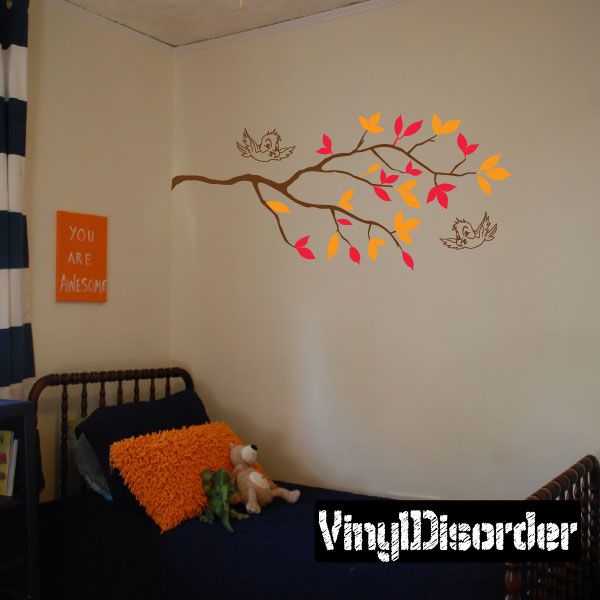 Tree branch and birds wall decal with colorful leaves and flying bird accents